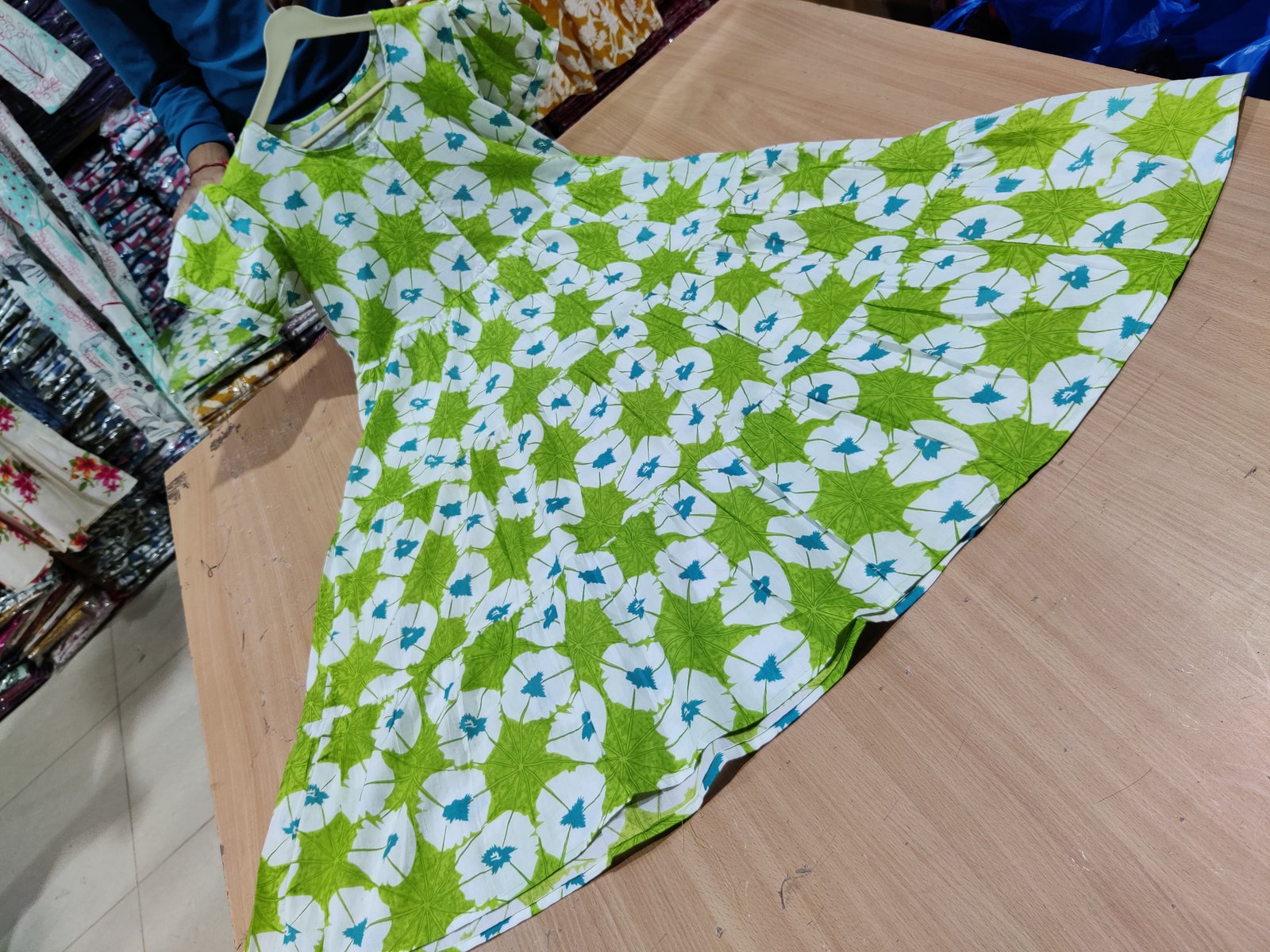 Green Printed Cotton Midi Gown Dress